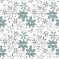 Raster floral seamless stylish pattern, hatched vintage decorative light flowers and leaves of simple shape